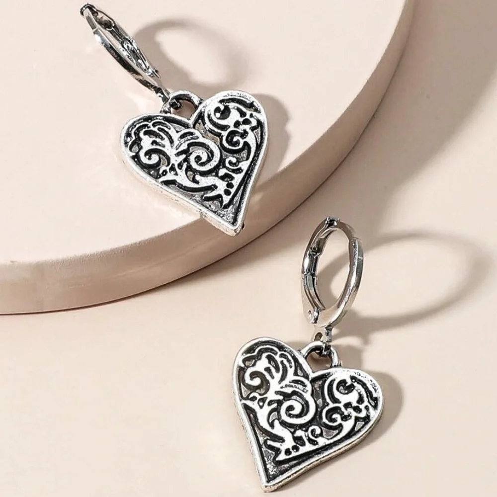 Any 2/$20! Silver Heart Boho Huggie Hoop Earrings - Picture 2 of 5